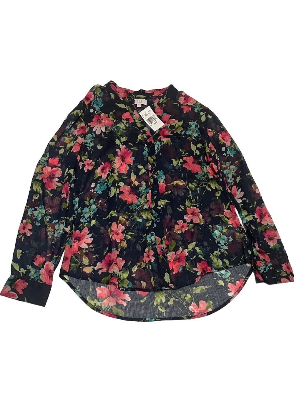Kut from the Kloth Black Floral Button-Up Long Sleeve Sheer Blouse Medium